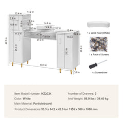 White manicure table with glass top, storage cabinets, drawers, and wrist rest.