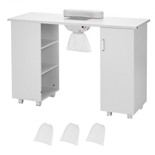 White MDF manicure table with dust collector, shelves, cabinet, and wheels.
