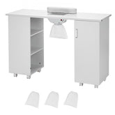 White MDF manicure table with dust collector, shelves, cabinet, and wheels.