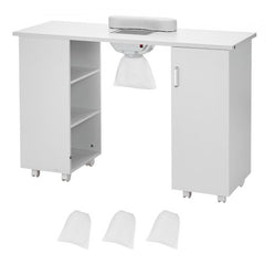 White MDF manicure table with dust collector, shelves, cabinet, and wheels.