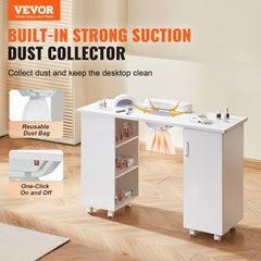 White MDF manicure table with built-in dust collector, shelves, cabinet, and wheels.