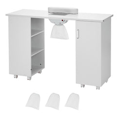 White MDF manicure table with dust collector, shelves, cabinet, and wheels.