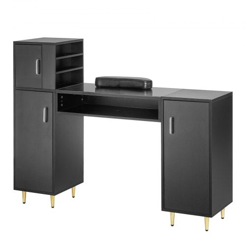 Black manicure table with glass top, storage cabinets, and ergonomic wrist rest.