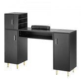 Black manicure table with glass top, storage cabinets, and ergonomic wrist rest.