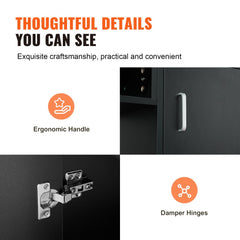 Black manicure table with glass top, storage cabinets, and ergonomic wrist rest.