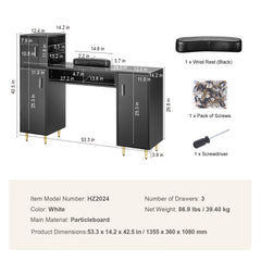 Black manicure table with glass top, storage cabinets, and ergonomic wrist rest.
