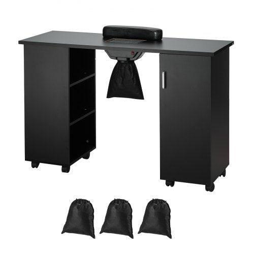 Black MDF manicure table with dust collector, shelves, and lockable rolling wheels.