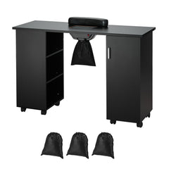 Black MDF manicure table with dust collector, shelves, and lockable rolling wheels.