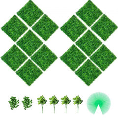 14-pack of 20x20-inch artificial boxwood hedge panels with decorative flowers and ties.