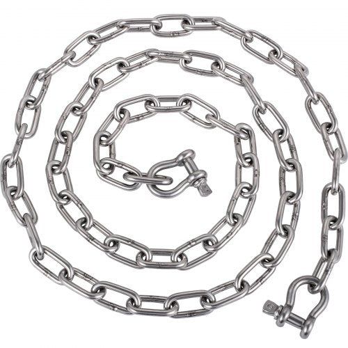 10 ft x 5/16 in 316 stainless steel anchor chain coiled with two bow shackles.