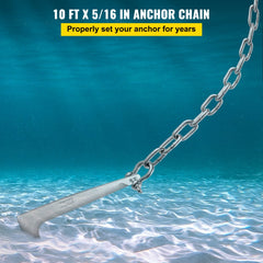 10 ft x 5/16 in 316 stainless steel anchor chain with shackles, shown underwater with anchor.