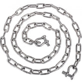 Stainless steel anchor chain measuring 20 feet with 3/8-inch shackles attached.