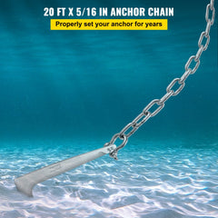 Stainless steel anchor chain, 20 feet long, with 3/8-inch shackles for secure anchoring.