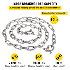 Stainless steel anchor chain measuring 20 feet with 3/8-inch shackles for secure anchoring.