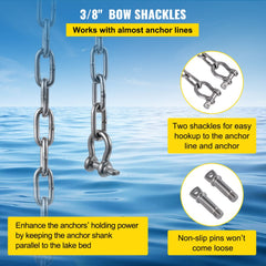Stainless steel anchor chain, 20 feet long, with 3/8-inch shackles for secure anchoring.