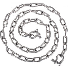 Bostome 6' stainless steel anchor chain with two 3/8" shackles for secure mooring.