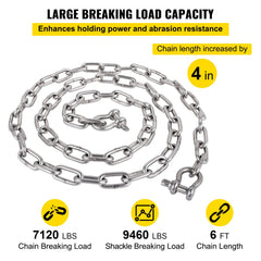 Bostome 6' stainless steel anchor chain with two 3/8" shackles for secure mooring.