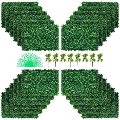 Bostome artificial boxwood hedge panels in a 24-pack, UV protected with dense green leaves.