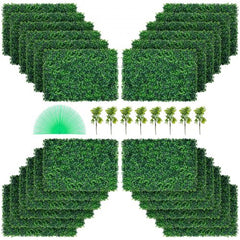 Bostome artificial boxwood hedge panels in a 24-pack, UV protected with dense green leaves.