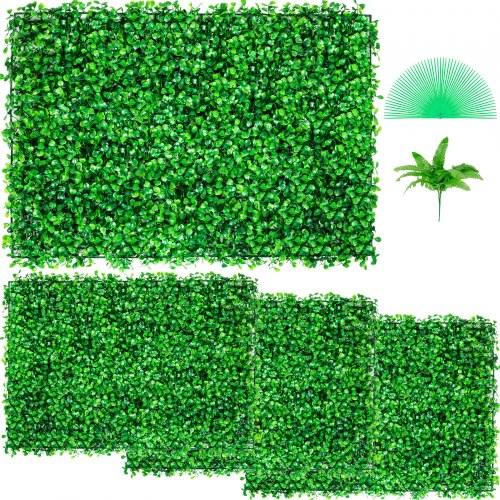 Four UV-protected artificial boxwood hedge panels, each 24x16 inches, in vibrant green.