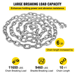 Bostome 10' galvanized steel anchor chain with two 3/8" shackles for secure marine anchoring.