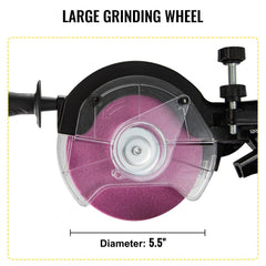 Large 5.5-inch pink grinding wheel on electric chainsaw sharpener with black guard and handle.