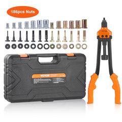 Bostome 16-inch rivet nut tool kit with 13 mandrels and 186 nuts in a black case.