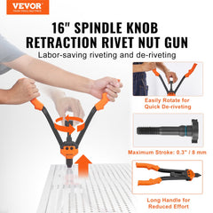 16-inch rivet nut tool kit with orange handles, 13 mandrels, and 186 nuts.