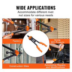 Bostome 16" rivet nut tool kit with 13 mandrels and 186 nuts for factory, DIY, construction, and automotive use.