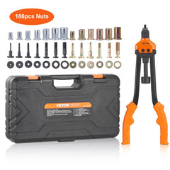 Bostome 16-inch rivet nut tool kit with 13 mandrels and 186 assorted nuts in a black case.