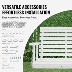 White wooden porch swing with chains, washers, locks, screws, nuts, and wrench for easy assembly.