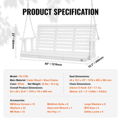 White wooden porch swing, 4.5 ft wide, with steel chains and 880 lbs capacity.