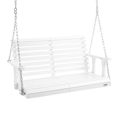 White wooden porch swing with ergonomic backrest and galvanized steel chains for outdoor use.