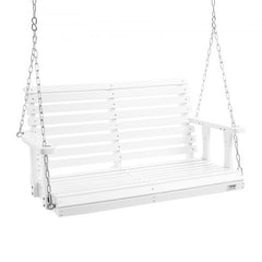 White wooden porch swing with ergonomic backrest and galvanized steel chains for outdoor use.
