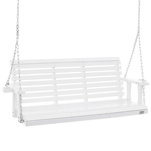 Bostome 5.5ft white fir wood porch swing with ergonomic backrest and integrated cup holders.
