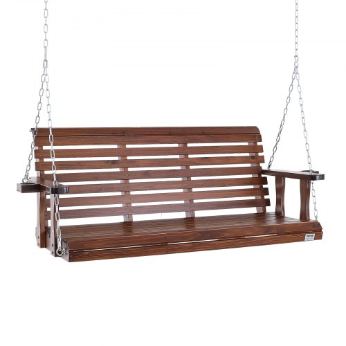 Brown 5.5 ft cedar wood porch swing with armrests and metal chains for hanging