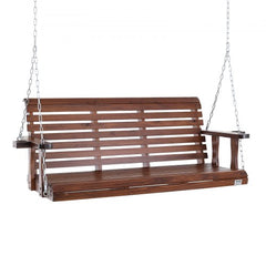 Brown 5.5 ft cedar wood porch swing with armrests and metal chains for hanging