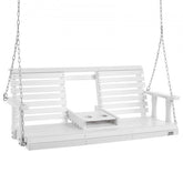 Bostome 5ft wooden porch swing made of white cedar with a reclined backrest and cup holder.
