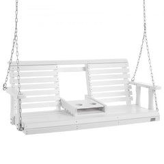 Bostome 5ft wooden porch swing made of white cedar with a reclined backrest and cup holder.