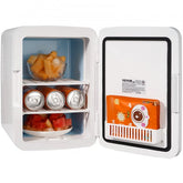 White Vevor 10L mini fridge open, showing canned drinks, fruit, and snacks inside.