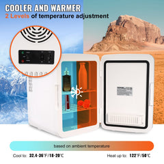 White Vevor 10L mini fridge with open door showing cooler and warmer modes, holding beverages.
