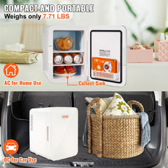 White Vevor 10L mini fridge with open door showing fruits and cans, portable for home and car use.