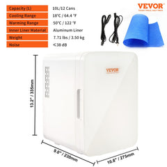 White Vevor 10L mini fridge with portable cooler and warmer functions, shown with dimensions and accessories.