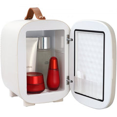White Vevor 4L mini skin care fridge with open door, leather handle, and cosmetics inside.