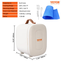 White Vevor 4L mini fridge with aluminum liner, PU handle, and dimensions for cosmetics cooling and warming.