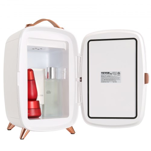 White mini fridge with a mirror, LED light, and compact design for skincare and makeup storage.