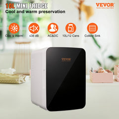 Portable black 10L mini fridge with dual cooling and warming modes for home and car use.