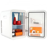 White Vevor 20L mini fridge open, displaying skincare products inside.