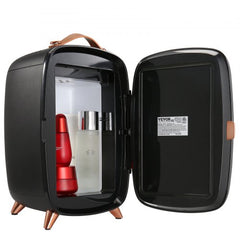 Black Vevor 6L mini skincare fridge with open door, LED light, HD mirror, and products inside.