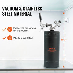 Stainless steel 128oz mini keg growler tap system with a built-in handle and adjustable pressure knob.